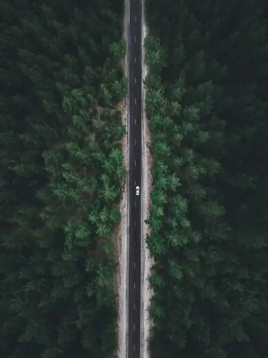 Framed Print : Aerial view taken by drone of a car driving on a forest road in autumn Framed Print : Aerial view taken by drone of a car driving on a forest road in autumn