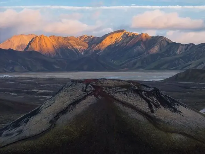 Framed Print : Aerial view taken by drone of little volcano in Landmannalaugar area on a summer day, Iceland, Polar Regions