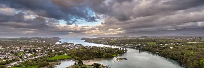 Framed Print : Aerial view of Telford's Suspension Bridge Across The Menai Starights - Wales, UK Framed Print : Aerial view of Telford's Suspension Bridge Across The Menai Starights - Wales, UK
