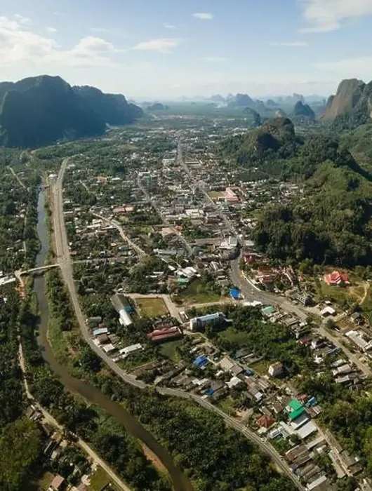 Framed Print : Aerial view of the town of Phang Nga tucked in between limestones Framed Print : Aerial view of the town of Phang Nga tucked in between limestones