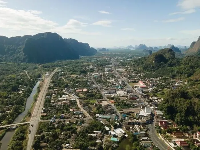 Framed Print : Aerial view of the town of Phang Nga tucked in between limestones Framed Print : Aerial view of the town of Phang Nga tucked in between limestones