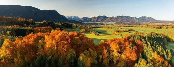 Framed Print : Aerial view of trees with autumn colors in front of mountains Framed Print : Aerial view of trees with autumn colors in front of mountains