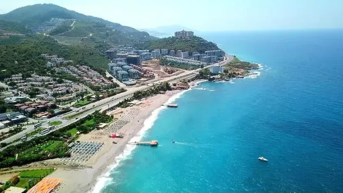 Framed Print : Aerial view of turquoise sea and sand shore. Clip. Concept of summer holidays and tourism, southern town and green hills Framed Print : Aerial view of turquoise sea and sand shore. Clip. Concept of summer holidays and tourism, southern town and green hills