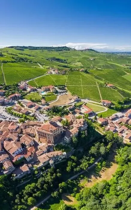 Framed Print : Aerial view of the typical town of Barolo and its castle Castello Falletti Framed Print : Aerial view of the typical town of Barolo and its castle Castello Falletti