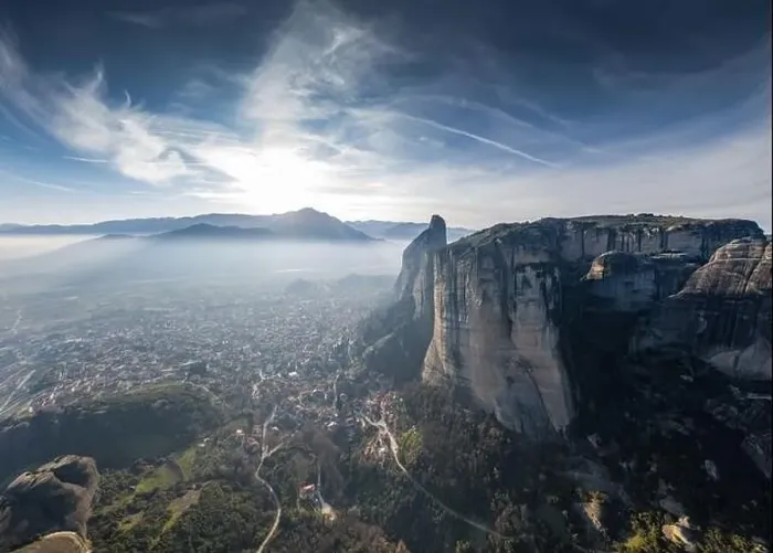 Framed Print : Aerial view of Unesco monument Meteora, the mountains, the landmark of Greek, sunny weather, fog, haze over a valley Framed Print : Aerial view of Unesco monument Meteora, the mountains, the landmark of Greek, sunny weather, fog, haze over a valley