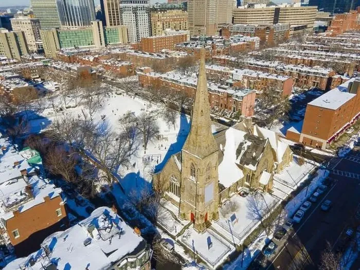Framed Print : Aerial view of Union Church at 485 Columbus Avenue in winter in South End, Boston, Massachusetts MA, USA Framed Print : Aerial view of Union Church at 485 Columbus Avenue in winter in South End, Boston, Massachusetts MA, USA
