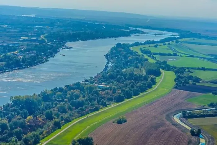 Framed Print : Aerial view of valley with farm fields, pond and Danube river. High quality photo Framed Print : Aerial view of valley with farm fields, pond and Danube river. High quality photo