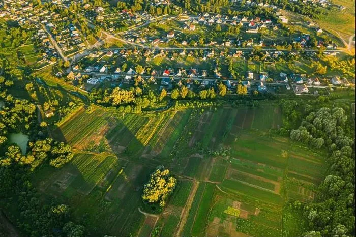 Framed Print : Aerial View Of Vegetable Gardens In Small Town Or Village. Skyline In Summer Evening. Village Garden Beds In Bird's-eye View Framed Print : Aerial View Of Vegetable Gardens In Small Town Or Village. Skyline In Summer Evening. Village Garden Beds In Bird's-eye View