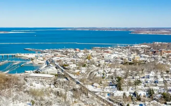 Framed Print : Aerial view of the Village of Sag Harbor on a winter day