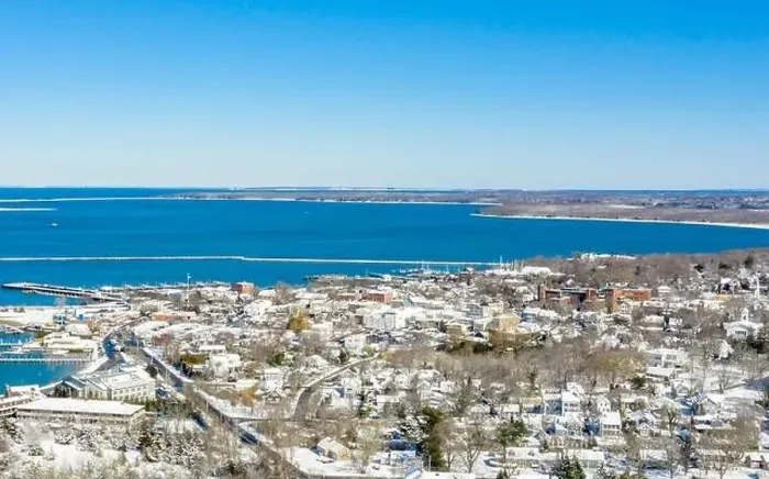Framed Print : Aerial view of the Village of Sag Harbor on a winter day