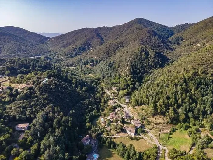 Framed Print : Aerial view of the village of Soudorgues in the Cevennes mountains (South of Massif Central, France) Framed Print : Aerial view of the village of Soudorgues in the Cevennes mountains (South of Massif Central, France)