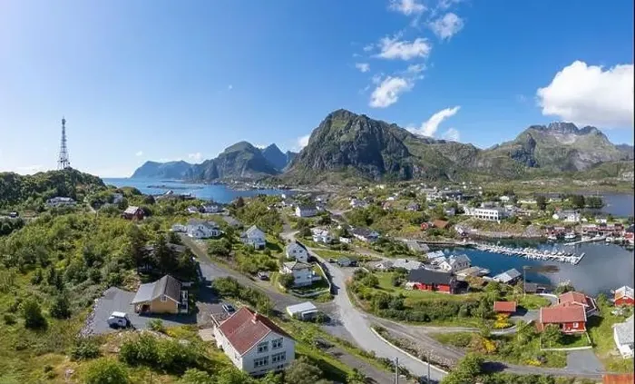 Framed Print : Aerial view, villagescape in rugged landscape, Sorvagen, Lofoten, Norway, Europe Framed Print : Aerial view, villagescape in rugged landscape, Sorvagen, Lofoten, Norway, Europe