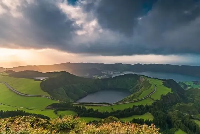 Framed Print : Aerial view of the volcanic mountains and lakes