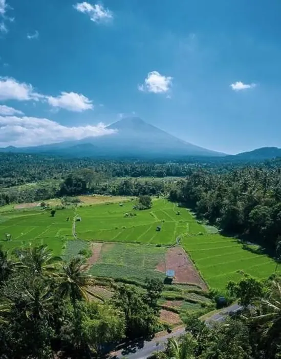 Framed Print : Aerial view of volcano and beautiful fields landscape during sunny summer day in Bali Framed Print : Aerial view of volcano and beautiful fields landscape during sunny summer day in Bali