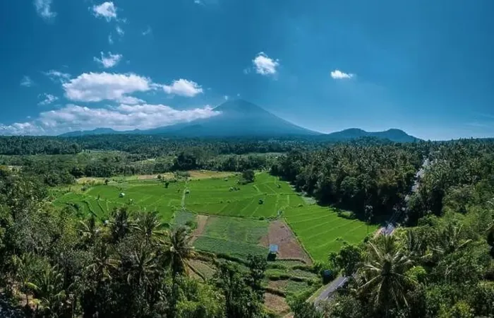 Framed Print : Aerial view of volcano and beautiful fields landscape during sunny summer day in Bali Framed Print : Aerial view of volcano and beautiful fields landscape during sunny summer day in Bali