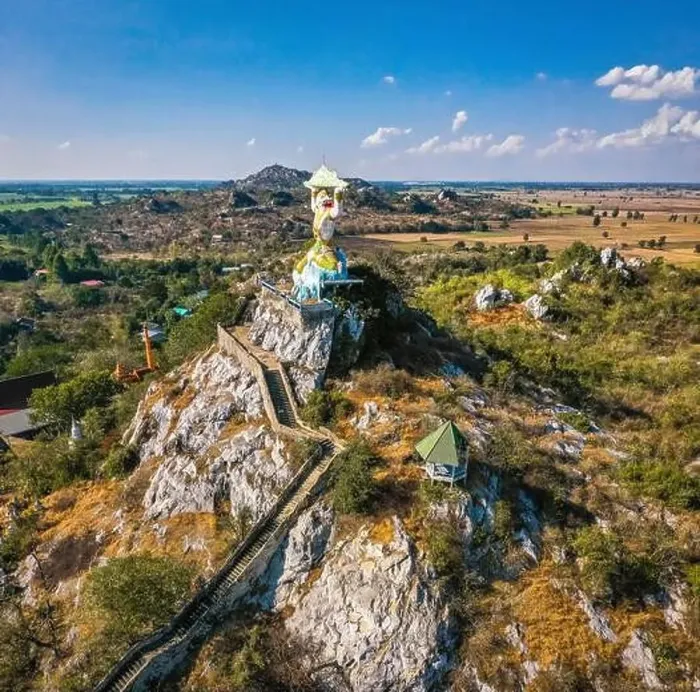 Framed Print : Aerial view of Wat Khao Samo Khon temple, with hanuman monkey god statue on top of mountain, in Lopburi, Thailand Framed Print : Aerial view of Wat Khao Samo Khon temple, with hanuman monkey god statue on top of mountain, in Lopburi, Thailand