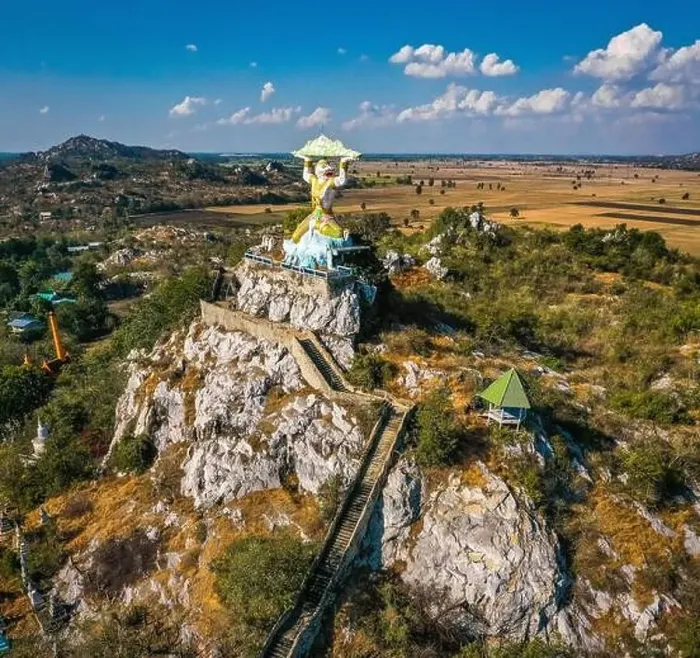 Framed Print : Aerial view of Wat Khao Samo Khon temple, with hanuman monkey god statue on top of mountain, in Lopburi, Thailand Framed Print : Aerial view of Wat Khao Samo Khon temple, with hanuman monkey god statue on top of mountain, in Lopburi, Thailand