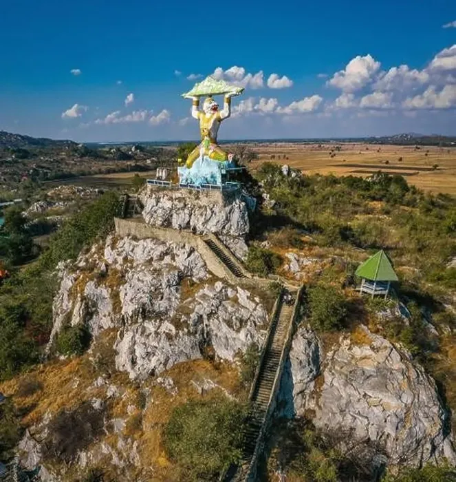 Framed Print : Aerial view of Wat Khao Samo Khon temple, with hanuman monkey god statue on top of mountain, in Lopburi, Thailand Framed Print : Aerial view of Wat Khao Samo Khon temple, with hanuman monkey god statue on top of mountain, in Lopburi, Thailand