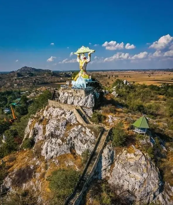 Framed Print : Aerial view of Wat Khao Samo Khon temple, with hanuman monkey god statue on top of mountain, in Lopburi, Thailand Framed Print : Aerial view of Wat Khao Samo Khon temple, with hanuman monkey god statue on top of mountain, in Lopburi, Thailand