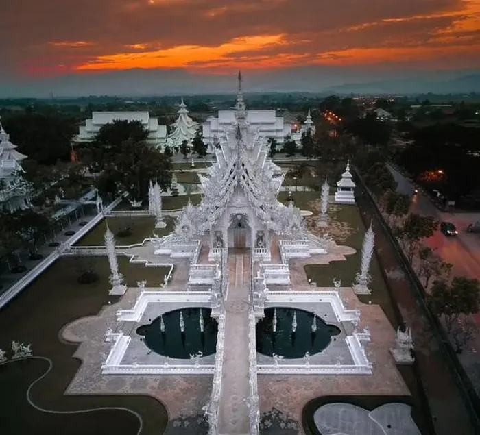 Framed Print : Aerial view of Wat Rong Khun, the white temple, at sunrise, in Chiang Rai, Thailand, south east asia Framed Print : Aerial view of Wat Rong Khun, the white temple, at sunrise, in Chiang Rai, Thailand, south east asia