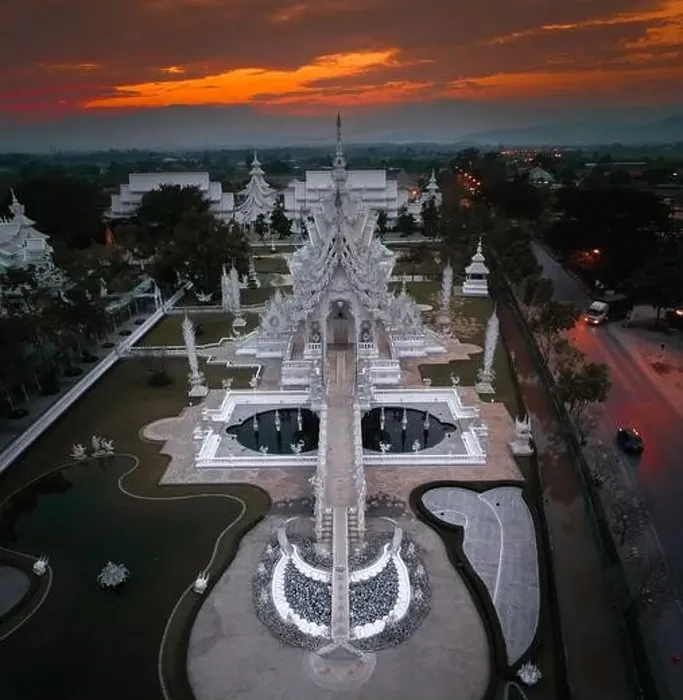 Framed Print : Aerial view of Wat Rong Khun, the white temple, at sunrise, in Chiang Rai, Thailand, south east asia Framed Print : Aerial view of Wat Rong Khun, the white temple, at sunrise, in Chiang Rai, Thailand, south east asia