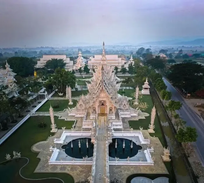 Framed Print : Aerial view of Wat Rong Khun, the white temple, at sunrise, in Chiang Rai, Thailand, south east asia Framed Print : Aerial view of Wat Rong Khun, the white temple, at sunrise, in Chiang Rai, Thailand, south east asia