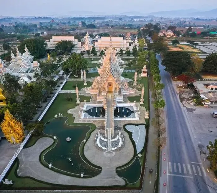 Framed Print : Aerial view of Wat Rong Khun, the white temple, at sunrise, in Chiang Rai, Thailand, south east asia Framed Print : Aerial view of Wat Rong Khun, the white temple, at sunrise, in Chiang Rai, Thailand, south east asia