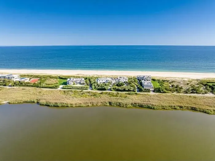 Framed Print : Aerial view of waterfront homes on dune road Framed Print : Aerial view of waterfront homes on dune road