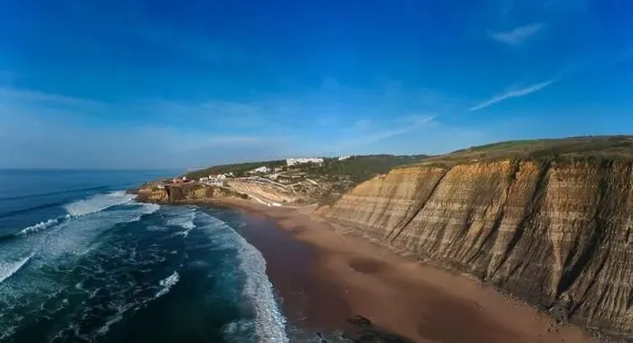 Framed Print : Aerial view of waves on a beautiful sandy ocean beach and cliff. Panorama atlantic coastline Framed Print : Aerial view of waves on a beautiful sandy ocean beach and cliff. Panorama atlantic coastline