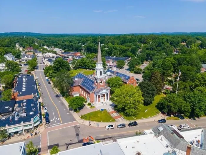 Framed Print : Aerial view of Wellesley Congregational Church and Central Street in town center of Wellesley, Massachusetts MA, USA