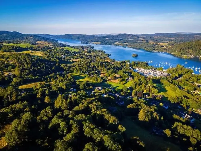 Framed Print : Aerial view of Windermere in Lake District, a region and national park in Cumbria in northwest England, UK