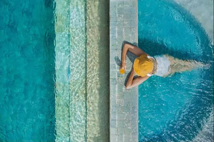 Framed Print : Aerial view of woman in swimming pool Framed Print : Aerial view of woman in swimming pool