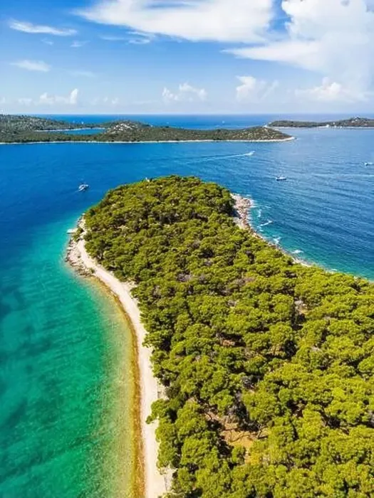 Framed Print : Aerial view of wonderful, green peninsula and white beaches with islands on the horizon at the Rogoznica archipelago Framed Print : Aerial view of wonderful, green peninsula and white beaches with islands on the horizon at the Rogoznica archipelago