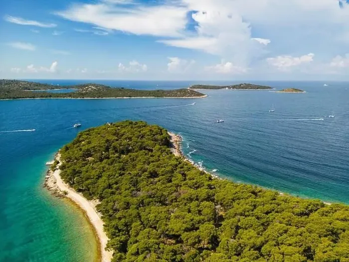 Framed Print : Aerial view of wonderful, green peninsula and white beaches with islands on the horizon at the Rogoznica archipelago Framed Print : Aerial view of wonderful, green peninsula and white beaches with islands on the horizon at the Rogoznica archipelago