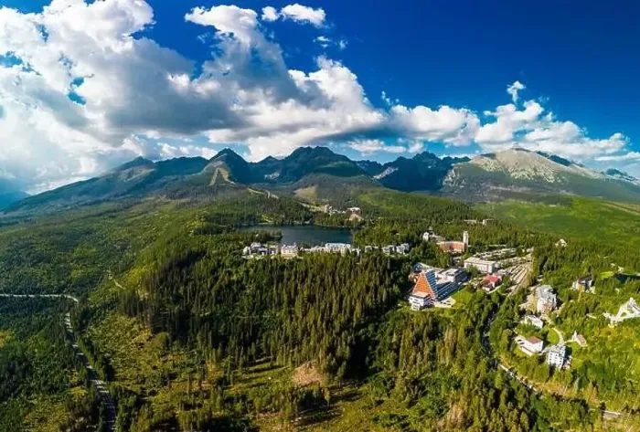 Framed Print : Aerial view of a wonderful mountain lake in National Park High Tatra, Strbske Pleso, Slovakia
