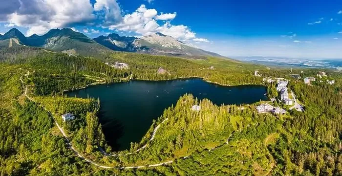 Framed Print : Aerial view of a wonderful mountain lake in National Park High Tatra, Strbske Pleso, Slovakia