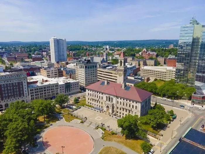 Framed Print : Aerial view of Worcester historic center including Worcester City Hall on Main Street with modern skyline at background Framed Print : Aerial view of Worcester historic center including Worcester City Hall on Main Street with modern skyline at background