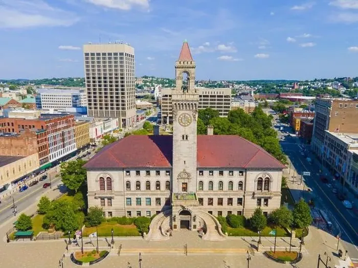Framed Print : Aerial view of Worcester historic center including Worcester City Hall on Main Street with modern skyline at background Framed Print : Aerial view of Worcester historic center including Worcester City Hall on Main Street with modern skyline at background