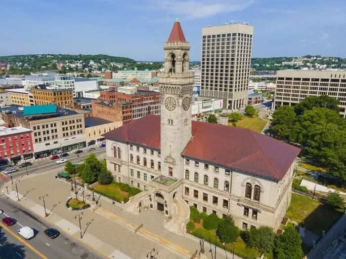 Framed Print : Aerial view of Worcester historic center including Worcester City Hall on Main Street with modern skyline at background Framed Print : Aerial view of Worcester historic center including Worcester City Hall on Main Street with modern skyline at background