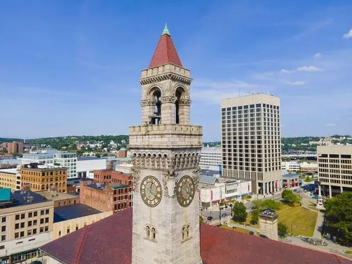 Framed Print : Aerial view of Worcester historic center including Worcester City Hall on Main Street with modern skyline at background Framed Print : Aerial view of Worcester historic center including Worcester City Hall on Main Street with modern skyline at background