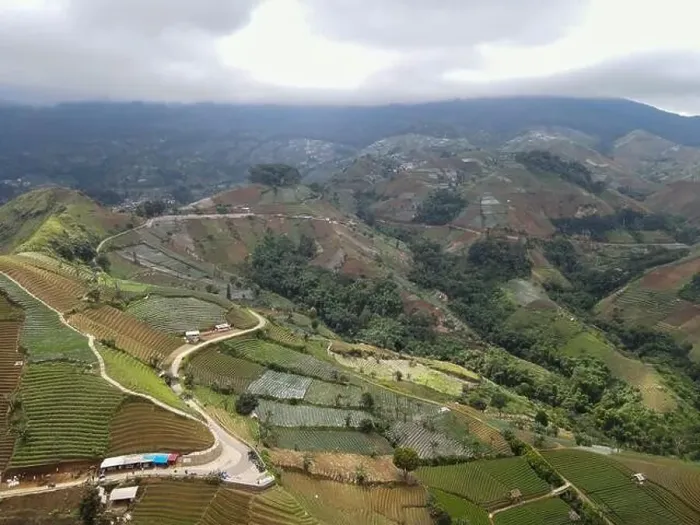 Framed Print : Aerial view of World heritage Panyaweuyan rice terraces in Majalengka with noise cloud
