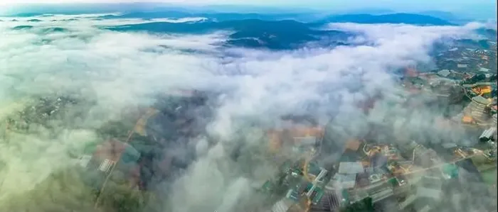 Framed Print : Aerial view of the Xuan Tho suburbs near Da Lat city at morning with misty sky in Vietnam highlands Framed Print : Aerial view of the Xuan Tho suburbs near Da Lat city at morning with misty sky in Vietnam highlands