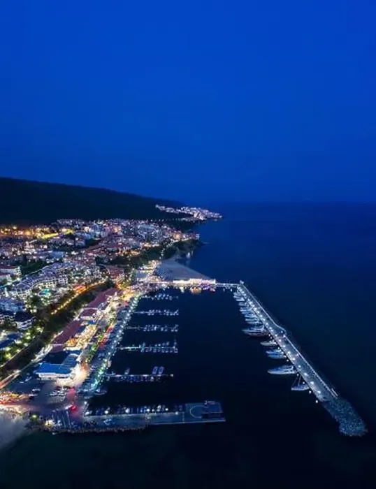 Framed Print : Aerial view to yacht marina at night Framed Print : Aerial view to yacht marina at night