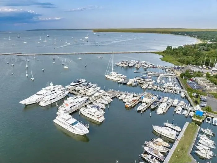 Framed Print : Aerial view of yachts and boats at dock in sag harbor, ny