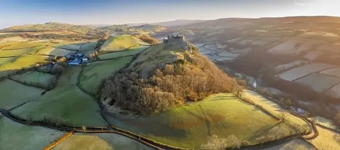 Framed Print : Aerial vista by drone of Carreg Cennen Castle Framed Print : Aerial vista by drone of Carreg Cennen Castle