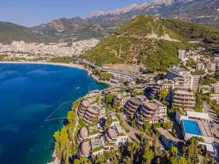 Framed Print : Aerophotography. View from flying drone. Panoramic cityscape of Budva, Montenegro. Top View. Beautiful destinations