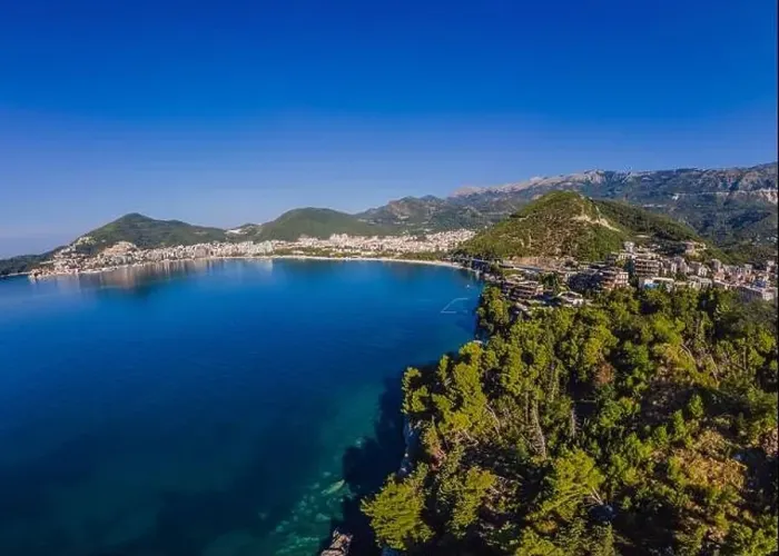 Framed Print : Aerophotography. View from flying drone. Panoramic cityscape of Budva, Montenegro. Top View. Beautiful destinations
