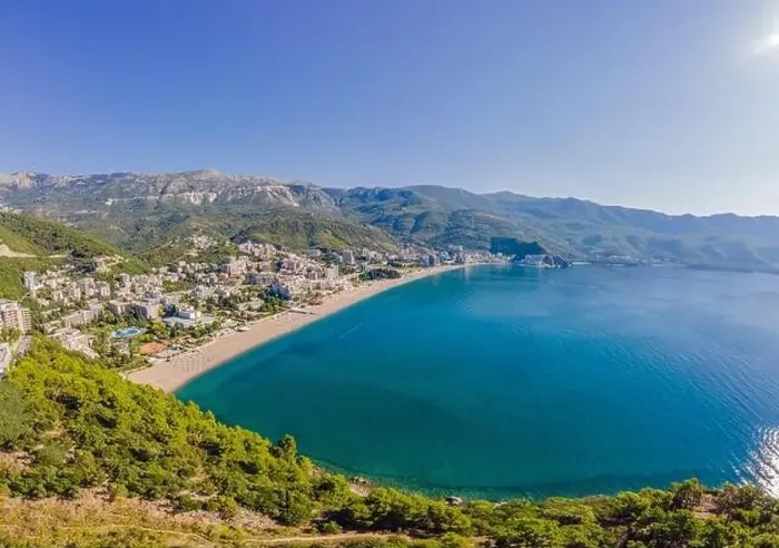 Framed Print : Aerophotography. View from flying drone. Panoramic cityscape of Budva, Montenegro. Top View. Beautiful destinations