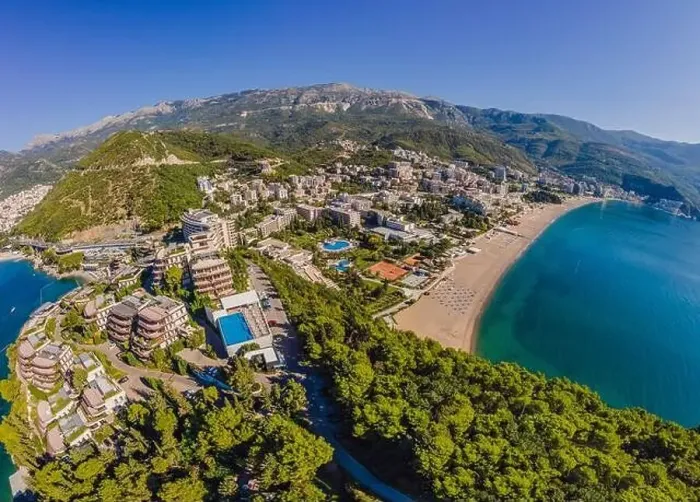 Framed Print : Aerophotography. View from flying drone. Panoramic cityscape of Budva, Montenegro. Top View. Beautiful destinations