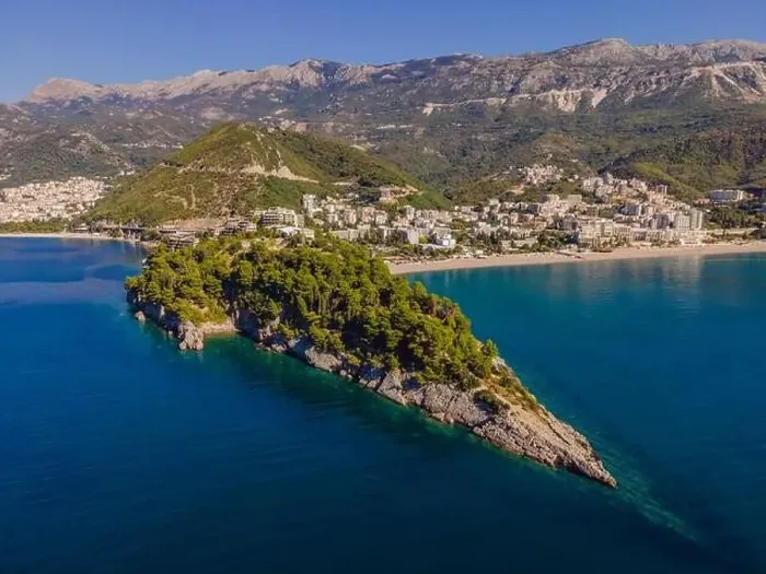 Framed Print : Aerophotography. View from flying drone. Panoramic cityscape of Budva, Montenegro. Top View. Beautiful destinations